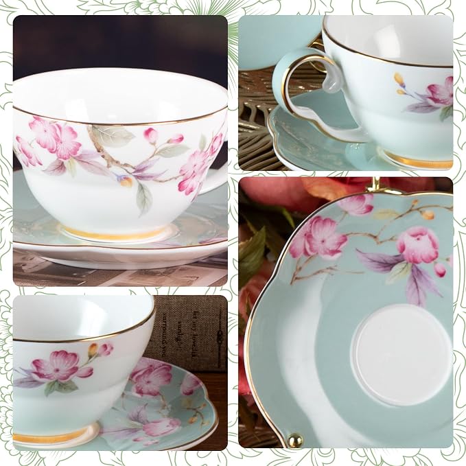 KAMMAK Ceramic Coffee Cups Saucers Set of 2, Porcelain Espresso Cups with Saucers, 5.41 oz Handmade Elegant Bone China Tea Cup, Ceramic Floral Pattern Demitasse for Latte, Americano, Cappuccino