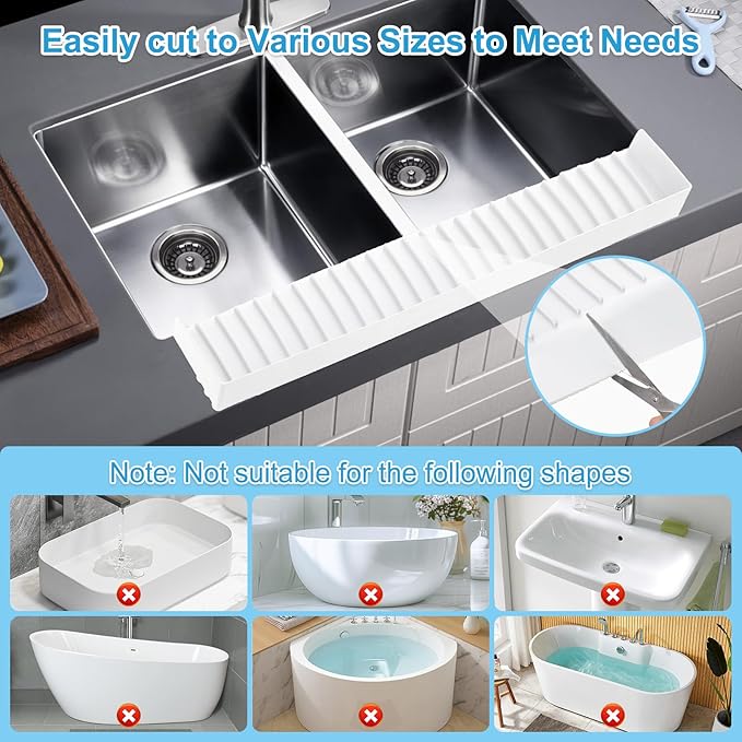 Silicone Faucet Splash Guard 4" x 30", Faucet Water Catcher Mat, Longer Silicone Sink Mat for Kitchen, Bathroom, Laundry Room, Farmhouse for Quartz Kitchen Sink（Transparent White）