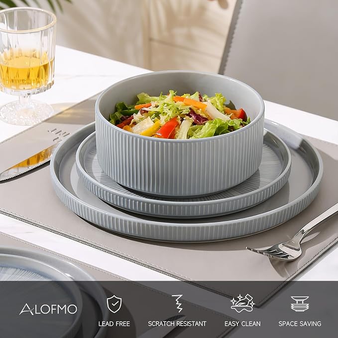 Dinnerware Sets, Ceramic Plates and Bowls Set 18 Piece Dinnerware for 6 Chip Resistant Stoneware with Advanced Inkjet Printing Technology, Dishwasher and Microwave Safe-Smoky Blue