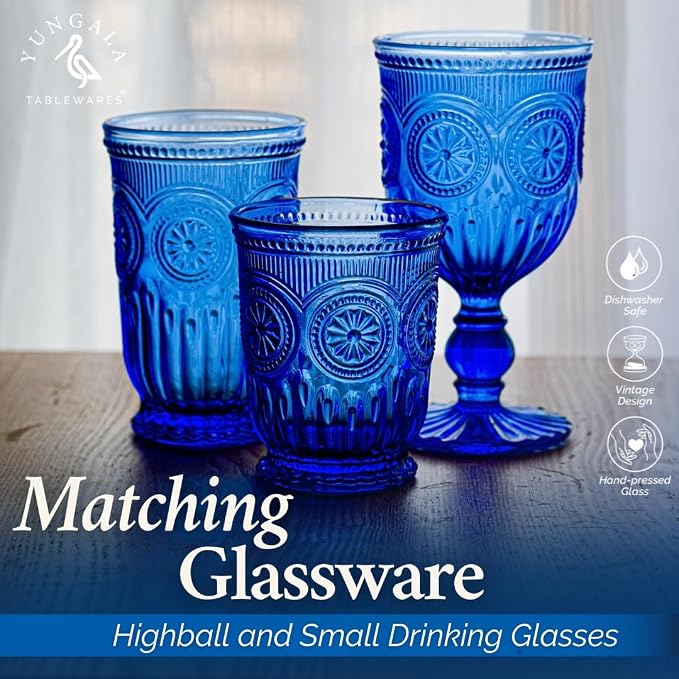 Cobalt Wine Glasses Set of 6 Goblets - Handcrafted Vintage Glassware with Sunflower Motif, Dishwasher Safe Cobalt Blue Glassware