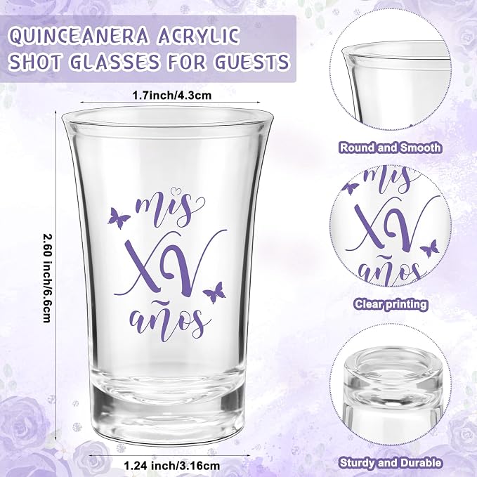 Havawish 25 Sets Quinceanera Party Favors for Guests Quinceanera Acrylic Clear Personalized Shot Glasses Thank You Cards with Organza Bags Mis Xv Años Sweet 15 Birthday Party Favors (Purple)