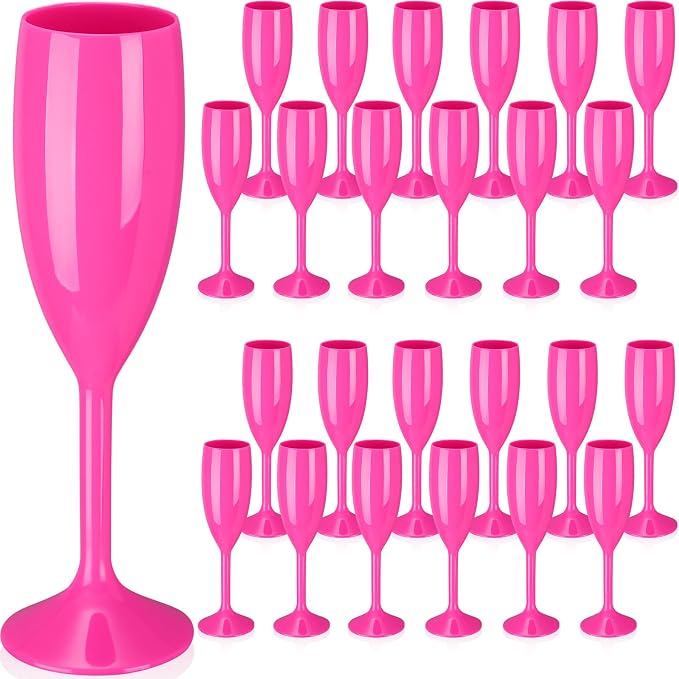 Maxcheck 24 Pcs Champagne Flutes Bulk Acrylic Toasting Drinking Flute Unbreakable Goblet Champagne Cups 6 oz Plastic Wine Glasses for Mother's Day Wedding Bridal Shower Anniversary Party (Hot Pink)
