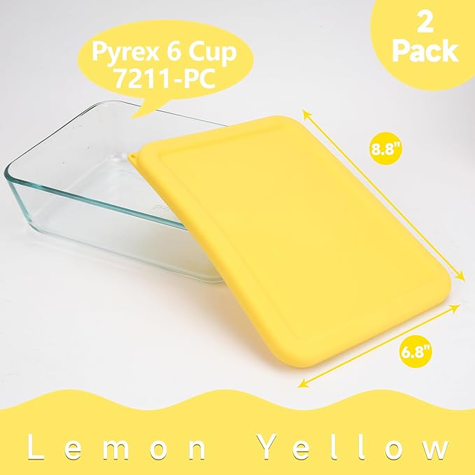 6 Cup Rectangle Silicone Storage Cover Lids Replacement for Pyrex 7211-PC Glass Bowls, (Container not Included) 2 Pack, Microwave, Dishwasher and Freezer Safe