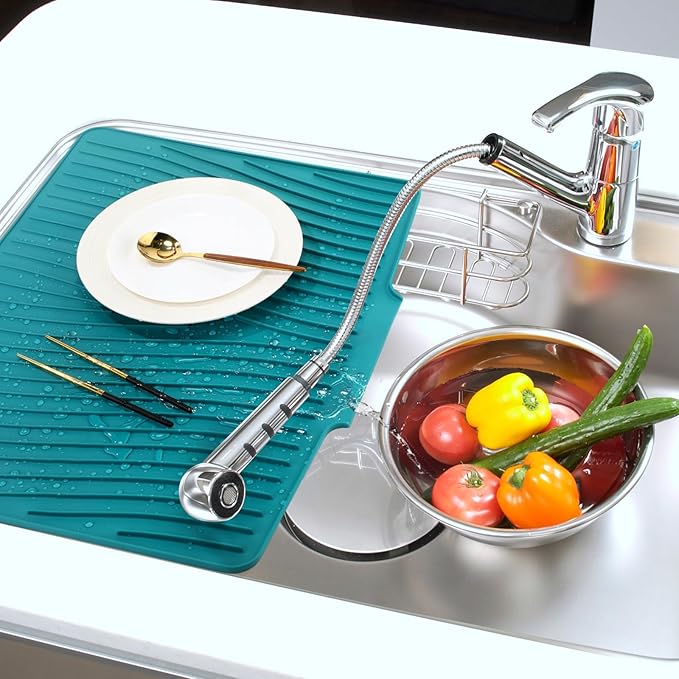 Teenyyou Extra Large Silicone Dish Drying Mat For Kitchen Counter Drying Pad 23.6 x 19 Inch Rubber Dish Drainer Mat with Drain Lip for Sink Drawer Liner (Blue)