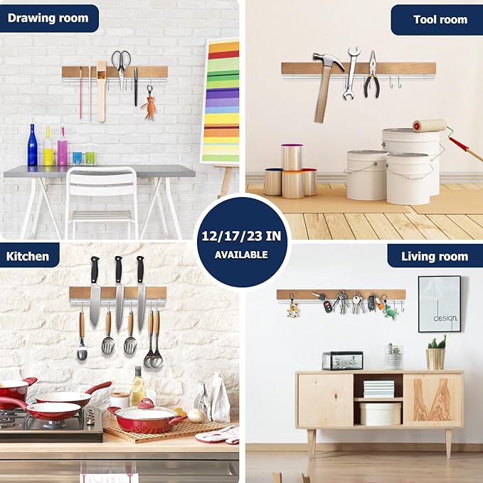 Dmore magnetic knife holder for wall—with 10 hooks, No Drilling 17 Inch Wood knife magnetic strip, Extra Strong Magnet knife rack, include Adhesive Tape and screws for Knives and Tools