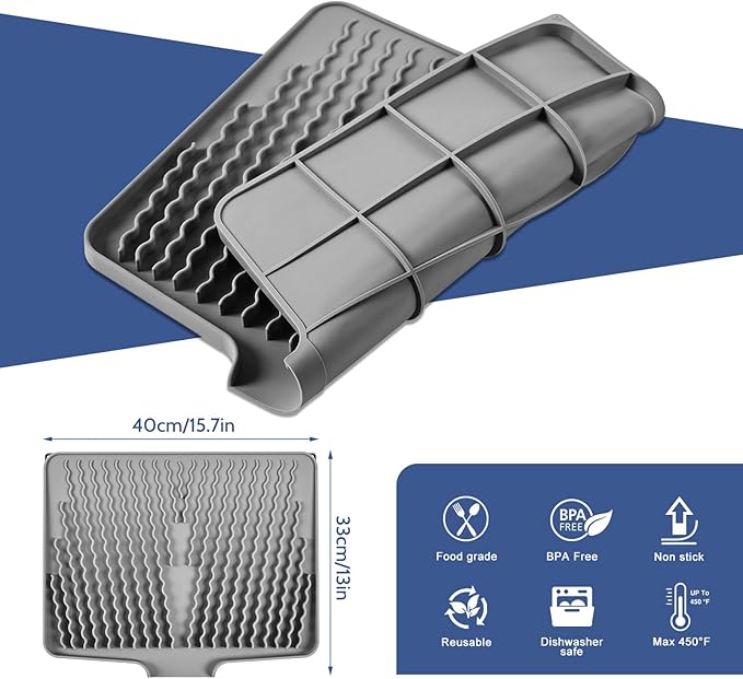 Silicone Dish Drying Mat for Kitchen Counter, Heat-resistant Dish Dryer Mat with Built-in Drain Lip ,Drain Pad Protects Surfaces Prevents Water Build UP