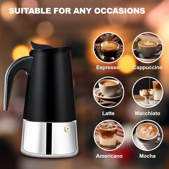 2 Cup Stovetop Espresso Maker Stainless Steel Moka Pot Stove Top Percolator Italian Coffee Makers Capable Mocha Greca Machine Cafe Classic Induction Cookers for Home and Camping 100ml 3.3oz