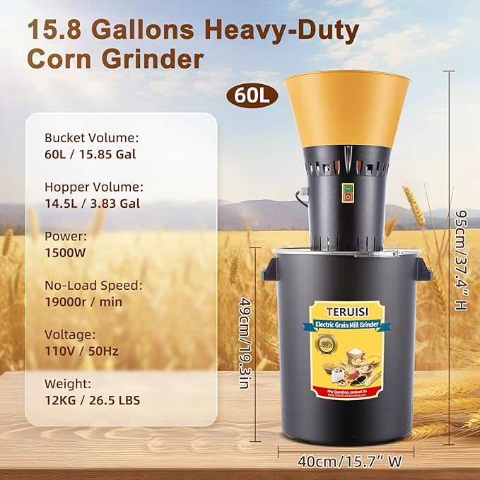 60L Grain Mill Grinder, 15.8 Gallons Electric Grain Mill Corn Grinder, 1500W Dust-Free Dry Cereals Grinders with Detachable Hopper & 6 Size Sieves for Farm Home Wheat Spice Rice Feed Flour