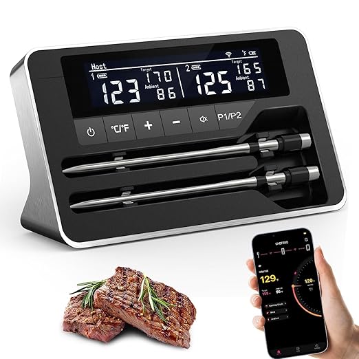 Meat Thermometer Wireless with 2 Probes, 800FT Bluetooth Digital Thermometer with Smart APP, Temp Precise Improved by 100%, Instant Read Food Thermometer with Alerts for Oven Smoker BBQ Grill