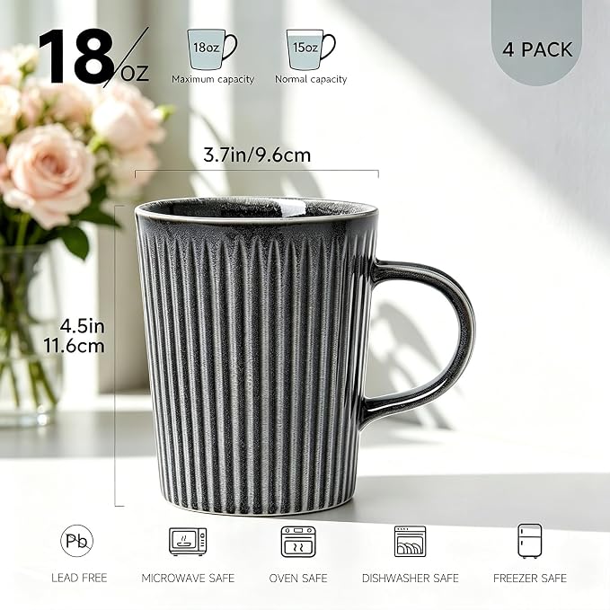 Coffee Mugs Set of 4 Modern Striped Stoneware Coffee Cups with Handle, Large Ceramic Gift Set for Women and Men, Dishwasher and Microwave Safe, 18oz for Hot Coffee, Tea, Cocoa, Milk