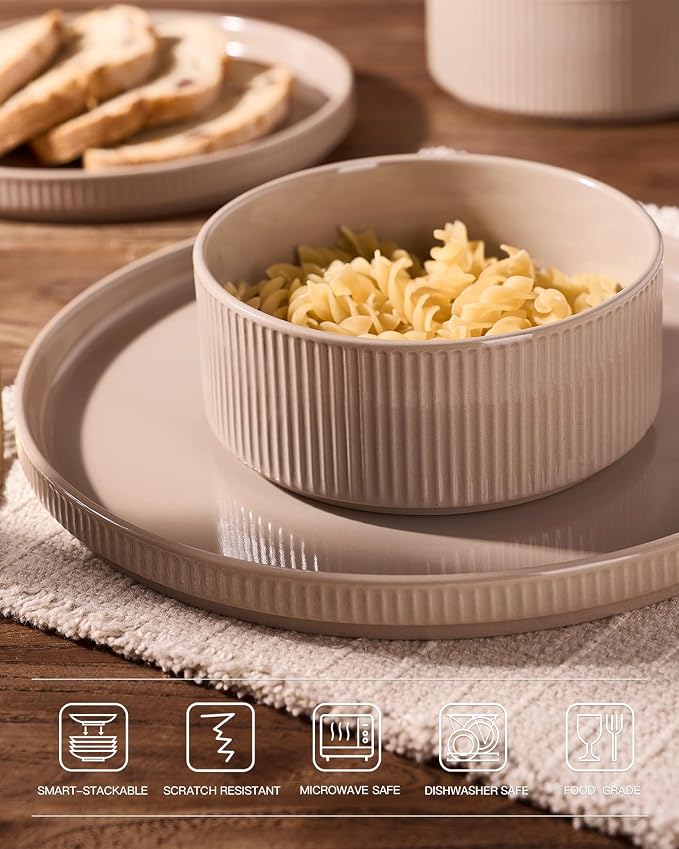 Famiware Star 24-Piece Stoneware Dinnerware Set for 6 – Shallow Pasta Bowls & Flat Plates – Modern Rustic Dishes, Everyday & Formal Use – Chip & Scratch Resistant, Microwave & Dishwasher Safe, Brown