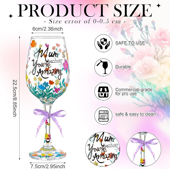 SiliFine 2 Pcs Floral Stemmed Hand Painted Wine Glasses Flower Drinking Cup with Bow Wine Glasses Gifts for Mom Grandmother Mother in Law Birthday Holiday Party Supplies