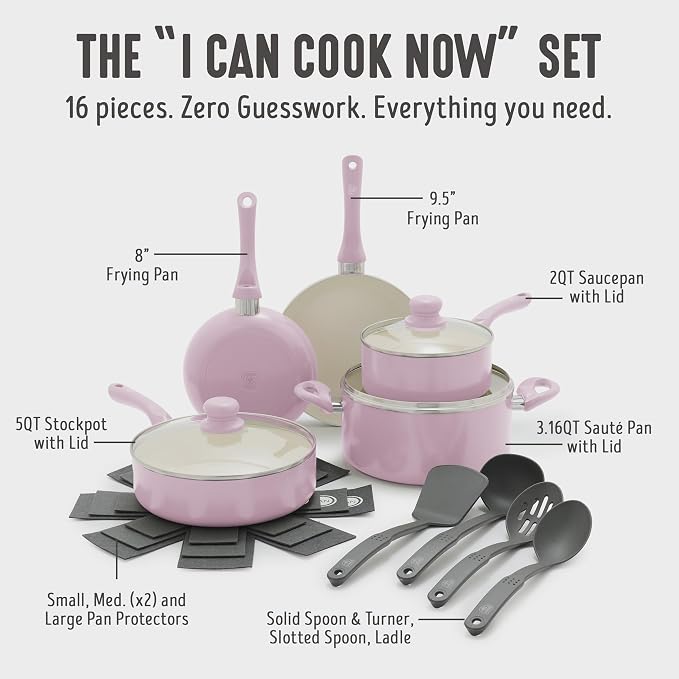 GreenLife 16-Piece Nonstick Cookware Set, Non-Toxic Ceramic Pots and Pans Set, Durable Healthy Kitchen Essentials, Fast Heating, Induction Ready, Easy Clean Dishwasher Safe, PFAS-Free, Blush Pink