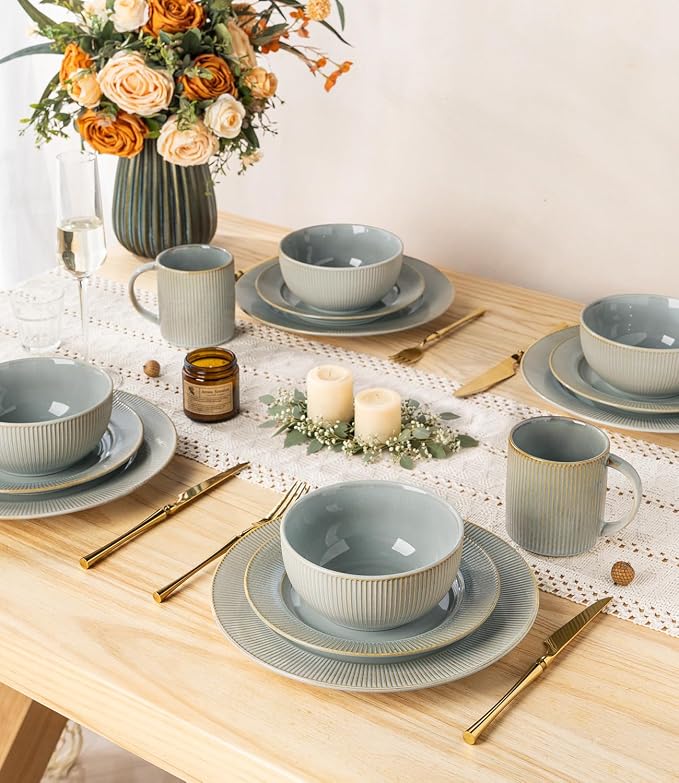 TheTerra Stoneware Dinnerware Sets for 4, 12 Pieces Ceramic Plates and Bowls Sets, Scratch Resistant Embossed Dish Set, Oven, Microwave & Dishwasher Safe, Desert Sage
