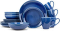 Elanze Designs Reactive Glaze Stone Ceramic Plates Bowls Mugs Classic Dinnerware 16 Piece Set - Service for 4, Blue
