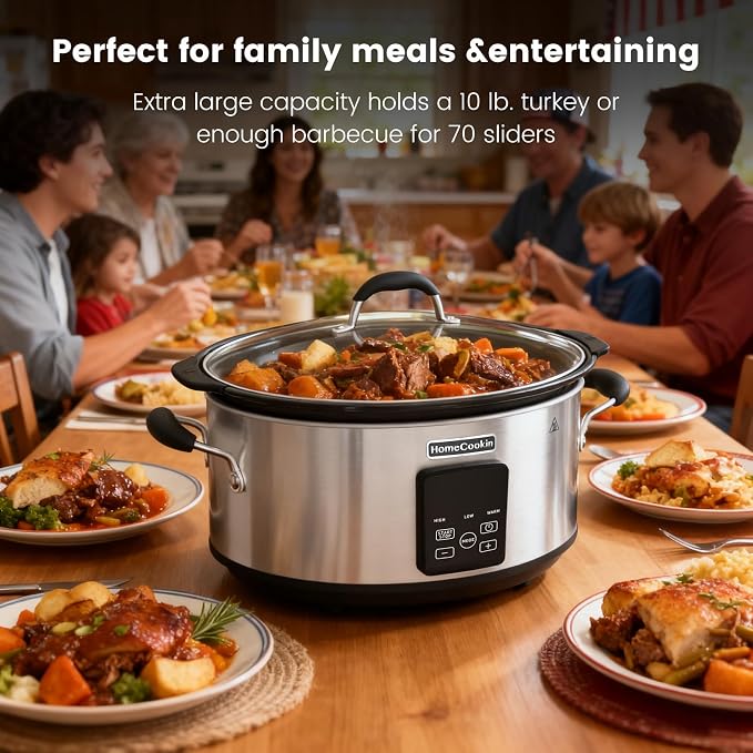 HOMECOOKIN Slow Cooker, Extra Large 10 Quart Digital Programmable Slow Cookers with Timer, Dishwasher Safe Glass Lid & Crock, Kitchen Appliance for Families and Gatherings, Stainless Steel