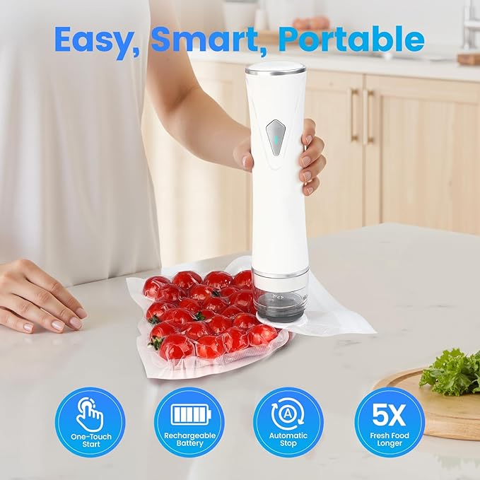 Vacuum Sealer for Food with Visible Tank, Handheld Vacuum Sealer Machine with 30 Reusable Bags for 5X Longer Freshness, Wireless & Portable, White