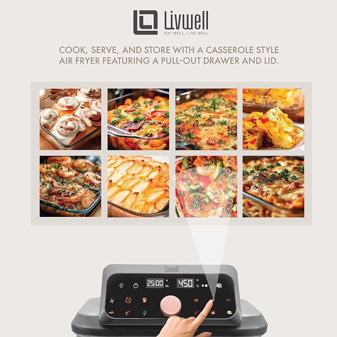 LIVWELL Smart Touch 6-Quart Glass Air Fryer with LED Touch Screen & Pull-Out Drawer | 12 Presets, PFOA & PFAS-Free | Dishwasher-Safe Casserole, Silicone Handles & Trivet Included