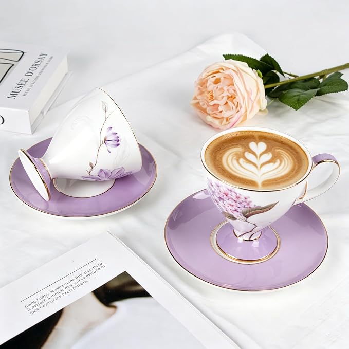 KAMMAK Ceramic Coffee Cups Saucers Set of 2, Porcelain Espresso Cup with Saucer, 8.45 oz Handcrafted Elegant Bone China Tea Cups, Purple Floral Pattern Demitasse Cup for Latte, Americano, Cappuccino