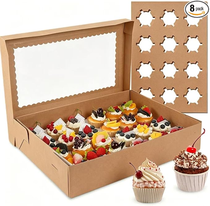 24 Count Cupcake Boxes, 8 Pack White Cupcake Containers with Windows and Inserts, Disposable Cupcake Carriers for Muffins, Treats, Pastries, 19 x 14 x 3.9 Inches (Brown, 24Count /8Pcs)