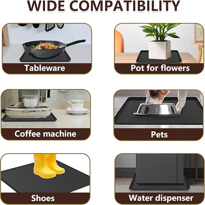 Water Cooler Mat, 24x16 Inch Silicone Drip Tray with Raised Edge, Non-Slip Appliance Protector Pad for Hardwood Floors & Carpets, Kitchen, Pet Feeding Area, Door Entry - Easy Clean (Black)