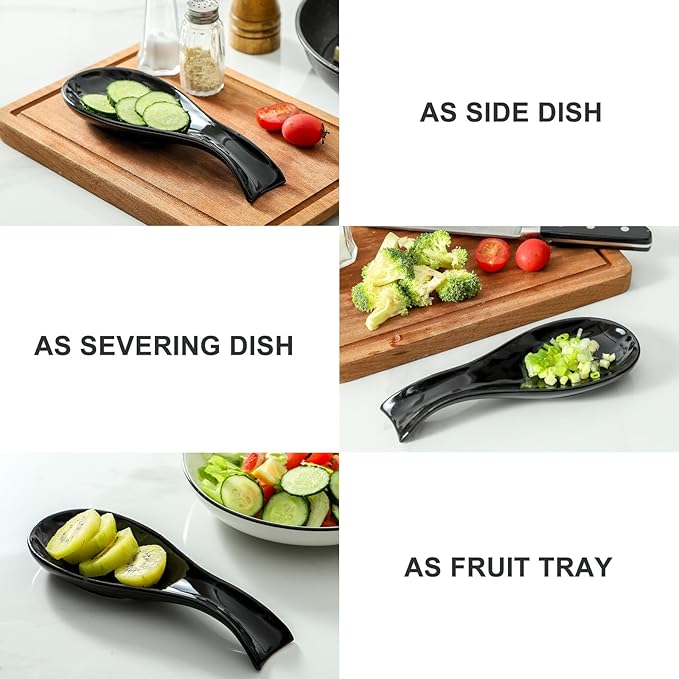 Ceramic Spoon Rest for Stove Top, Large 8.7 Inch Spoon Holder for Kitchen Counter, Porcelain Utensil Rest for Ladle, Spatula, Housewarming Gifts, Dishwasher Safe and Heat-Resistant, Black (1 PC)
