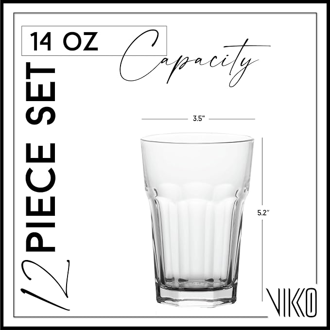 Vikko Large Drinking Glasses, 14 Ounce Glass Cups, Durable Glasses Drinking Set of 12, Stackable Water Glasses, Highball Glasses, Heavy Base Tumblers & Water Glasses, Dishwasher Safe Cups for Kitchen
