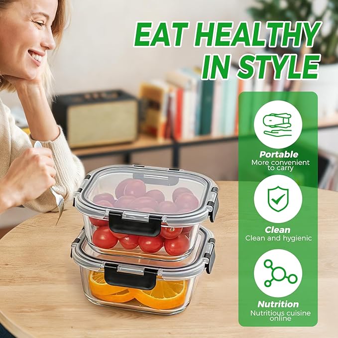 4 Pack 27oz Glass Food Storage Containers with Lids and 4 Pack 32OZ Glass Meal Prep Containers Microwave, Oven, Freezer and Dishwasher, BPA Free
