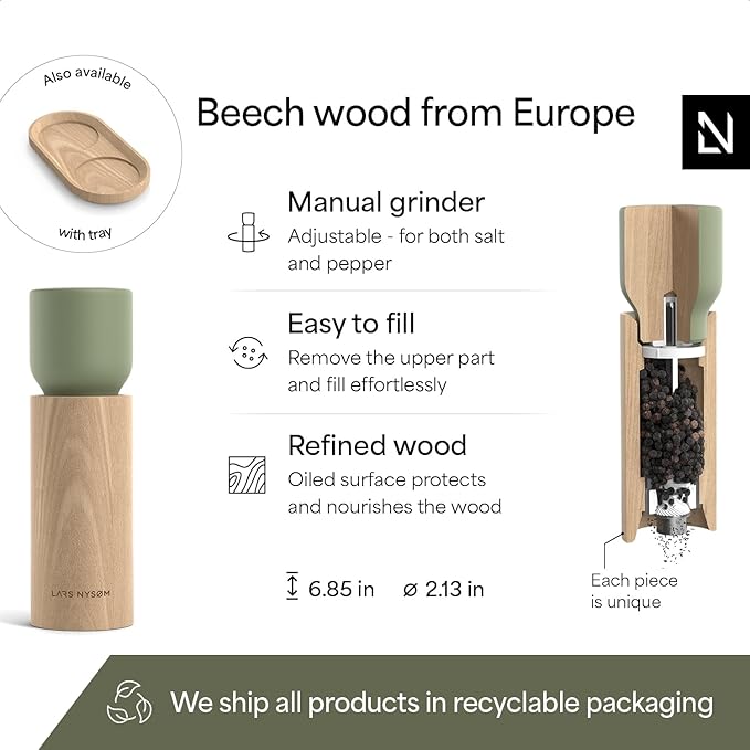 LARS NYSØM Wooden Salt and Pepper Grinder Set Manual - Salt and Pepper Mills with Adjustable Ceramic Grinder - Elegant Beechwood Pepper and Salt Mill Set for Dining Table (Sage Green)