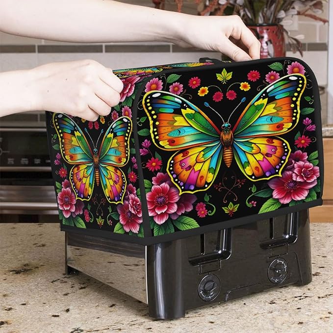 Colorful Art Butterfly 4 Slice Toaster Cover Dust And Fingerprint Bread Maker Cover Bakeware Protector Washable Appliance Covers Kitchen Accessories For Home Kitchen Women Gift