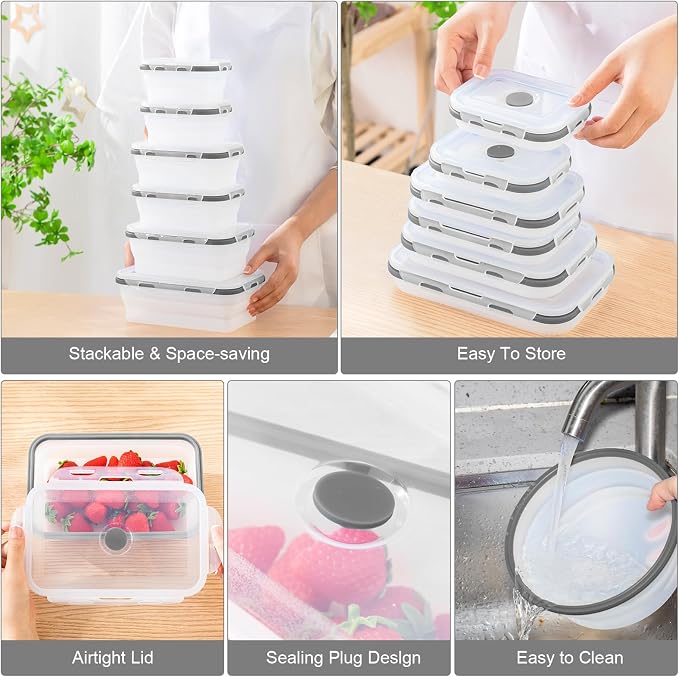 Dandat 12 Silicone Collapsible Food Storage Containers Foldable Silicone Lunch Container 6 Rectangle and 6 Round Airtight Collapsible Bowl with Lid Set for Kitchen Microwave (Translucence Gray)