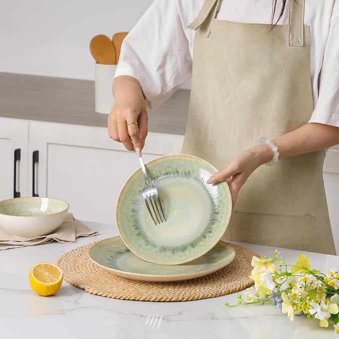 DOMICREVERY Ceramic Dinnerware Sets for 6, 24 Pcs Ceramic Plates and Bowls Sets, Moss Green