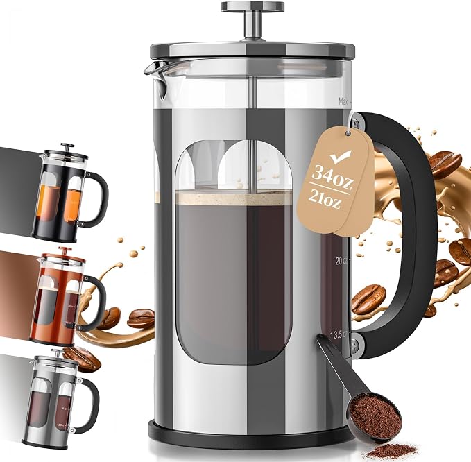Veken French Press Coffee Maker 34oz 1 L, No Plastic Touching Cafe, Heat Resistant Thickened Borosilicate Glass, Stainless Steel Brewer, Cold Brew Cafetera Teapot for Kitchen Travel Camping, Silver