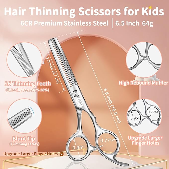 CIICII Kids Hair Cutting Scissors Shears Kit, Safety Round Tip Barber Haircut Scissors Set (Hair Trimming Hairdressing Haircutting Thinning Shears) for Baby Toddler Children, Hairdresser Home Salon