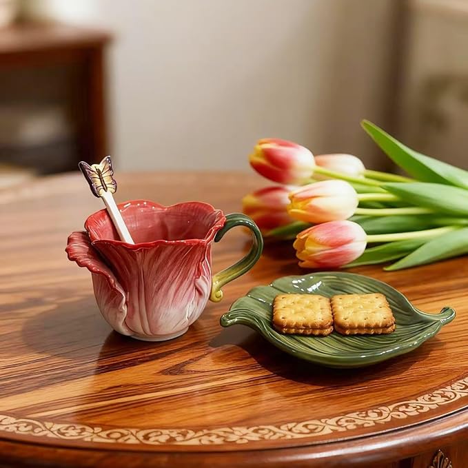 Ceramic Tea Cup and Saucer Set ，8OZ 3D Hand-Painted Flower Coffee Mug，Gift for Women -RoseRed