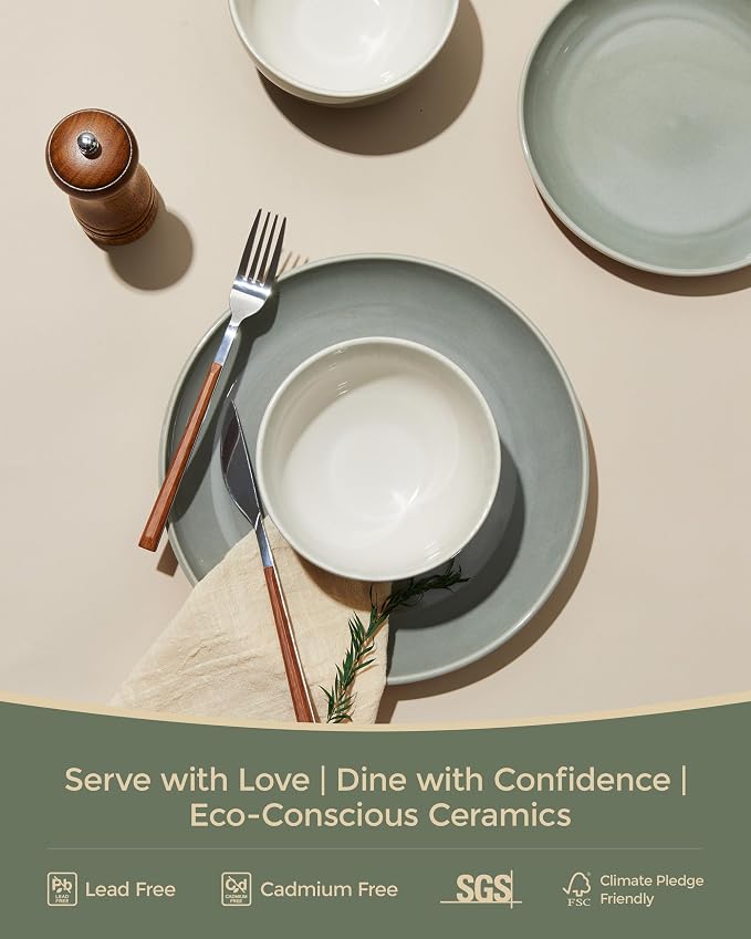 Pokini Stoneware Dinnerware Sets, Ceramic Plates and Bowls Set, Microwave & Dishwasher Safe Kitchen Dish Set, Modern Dinner Salad Plates | Cereal Bowls for 4, Dishware Sets Gray Green