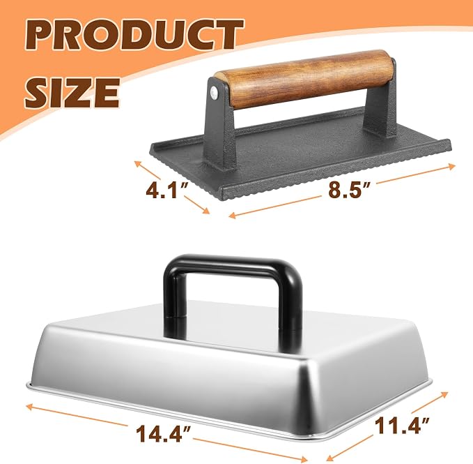 14 Inch Rectangular Melting Dome & Grill Press Kit for Blackstone Accessories, Stainless Steel Cheese Basting Cover and Cast Iron Bacon Burger Press for Flat Top Griddle Grill