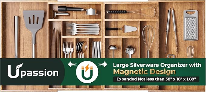 Large Silverware Organizer, 13 Slots Magnetic Connected Expandable Bamboo Utensil Drawer Organizer From 21 to 37.4 Inches, Adjustable Flatware and Cutlery Holder, Utensil Tray for Kitchen Natural