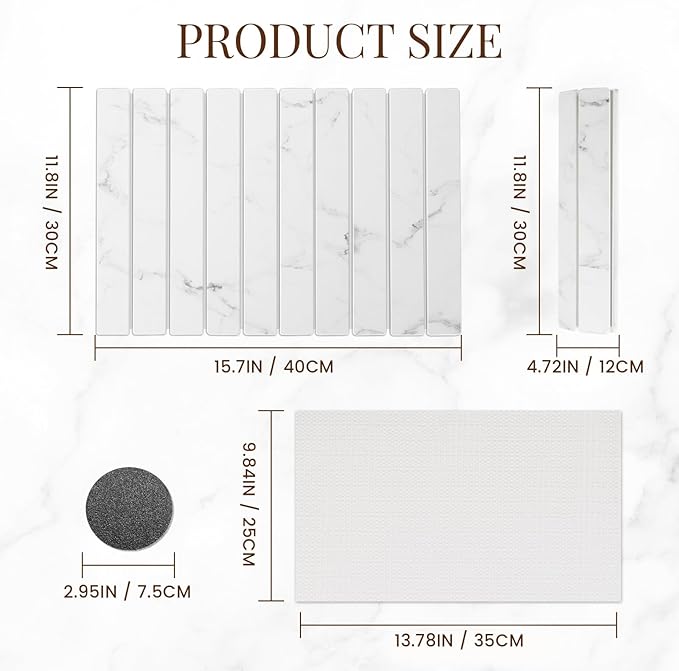 Large Stone Dish Drying Mats for Kitchen Counter 16"(L)×12"(W) Foldable Quick Dry Stone Dish Drying Mats Kitchen Absorbent Diatomaceous Earth Drying Stone Mat for Dishes Bottles Cups Marble White