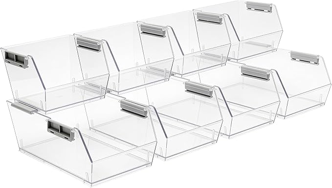 HOMESTEAD Set of 8 Stackable Storage Bins, 4 Large + 4 Small Clear Plastic Organizer Bins, Open Front Design for Kitchen Pantry, Fridge, Cabinet, Bathroom Organization and Bulk Snack Storage