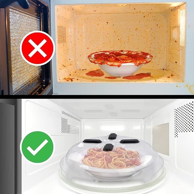 HOVER COVER 2 Pack Magnetic Splatter Cover, 12-Inch Clear BPA-Free Food Lid, Vented Plate Guard with Steam Vents, Anti-Splash Microwave Lid, Dishwasher Safe, Space-Saving Magnetic Storage - Black