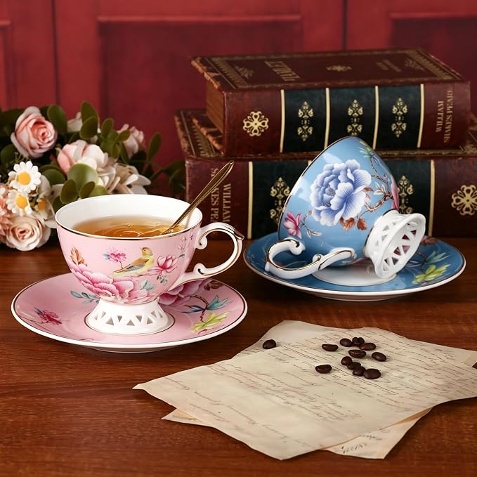 KAMMAK Tea Cups and Saucers Set of 2, Fine Bone China Coffee Cups, Stackable Espresso Mugs, Ceramic Demitasse for Coffee, Cappuccino, Latte, Americano, Tea, Blooming Flowers (Blue + Pink)