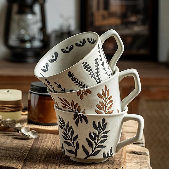 12 oz Vintage Ceramic Coffee Mug Set of 4 - Handmade Stoneware Pottery Countryside Farmhouse Fall Autumn Tea Mugs with Big Handle for Latte,Cocoa,Dishwasher & Microwave Safe Cups (Plants)