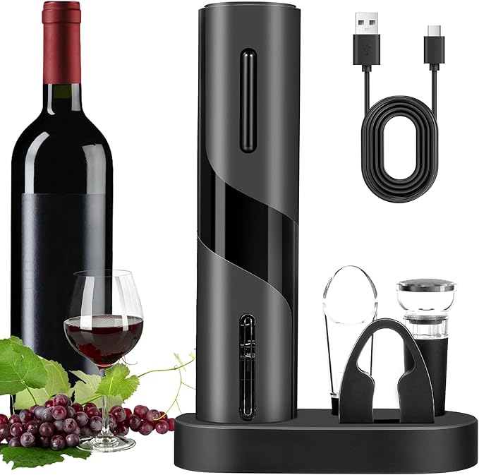 6-in-1 Electric Wine Bottle Opener Set, Cordless Rechargeable Wine Opener with Charging Base, Foil Cutter, Aerator Pourer & Stopper - Perfect Wine Gift Set for Wine Lovers