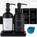 Black Thick Glass Soap Dispenser - Farmhouse Kitchen Dish &Hand Soap Dispenser Set, 304 Rustproof Pump Lotion Dispenser Bathroom with Tray, 14 Waterproof Stickers for Kitchen Decor Sink