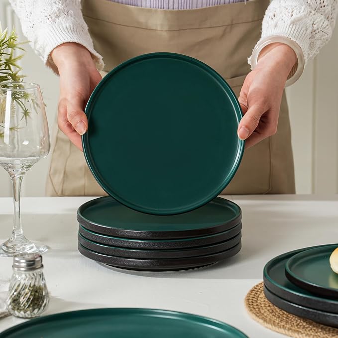 8 Inch Plates Set of 4, Matte Glaze Stoneware Plate, Microwave and Dishwasher Safe, Ceramic Plates for Salads & Desserts, Matte Green