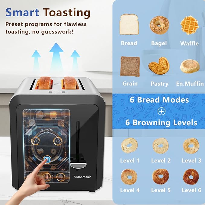 SAKAMOSH Touch Screen Toaster 2 Slice, Smart Digital Toasters, 6 Browning Levels & 6 Bread Types, Bagel Memory Function, Timer, Stainless Steel, 800W