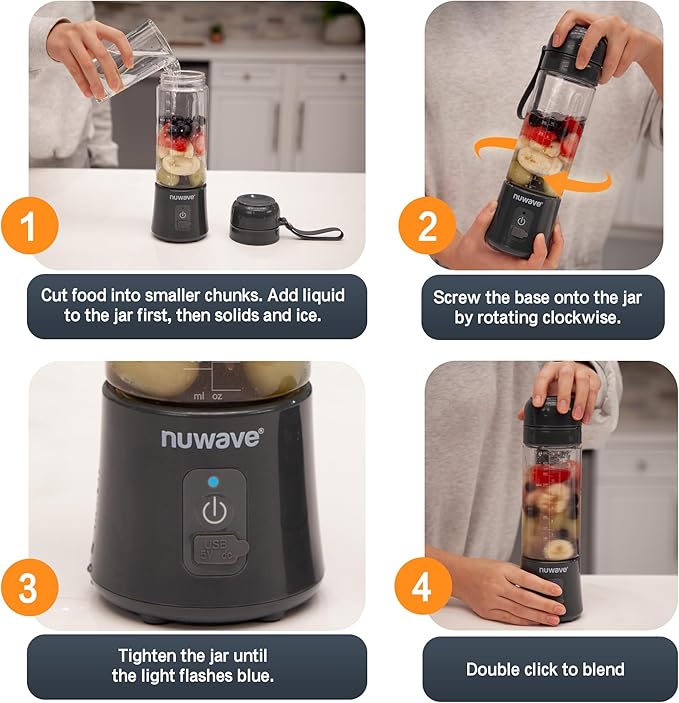 Nuwave 16OZ On-the-Go Personal Blender, Lightweight & Portable Blender for Shakes and Smoothies, 6 Blades, USB Rechargeable, Leak-Proof Lid, BPA-Free, Self-Cleaning, for Gym, Kitchen, Office