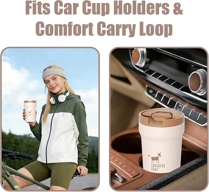 CHEERFUL GOAT Ceramic Lined Coffee Mug – Stainless Steel Travel insulated Tumbler with Ceramic Liner, with lid 12oz Leak Proof Cup for Hot and Cold Water Coffee at Home, Office, or In the Car (Coffee)