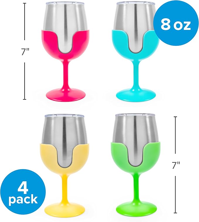 Camco Life is Better at The Campsite Wine Tumbler | Heavy Duty Double Wall Vacuum Insulation | Crafted of 18/8 Stainless Steel | Removable Green, Yellow, Blue & Pink Stems | 4-Pk, 8-oz/Each (53068)